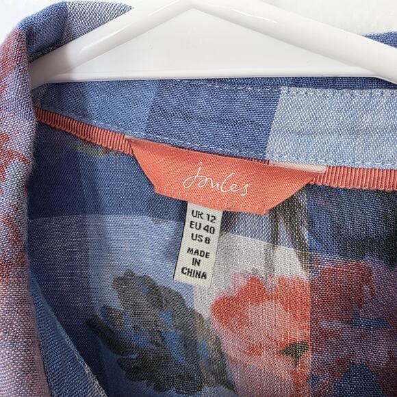 Joules Blue 100% Linen Gingham Floral Long Sleeve Button Up Shirt Size 8 - Picture 3 of 8